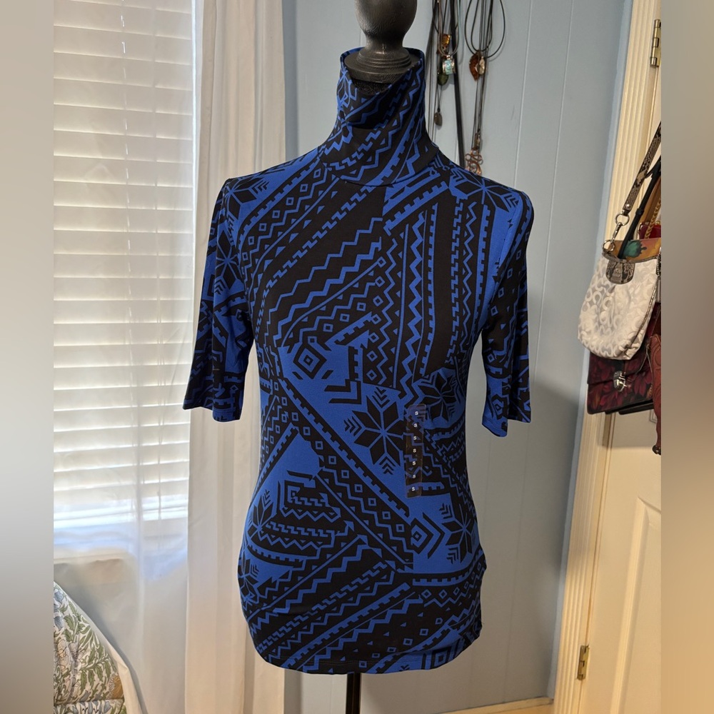 Lauren Ralph Lauren Fair Isle Stretch Jersey Blue & Black Pattern Turtleneck Top - Picture 3 of 8